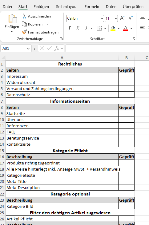 Vorschau: Abnahme-Checkliste im Excel-Format